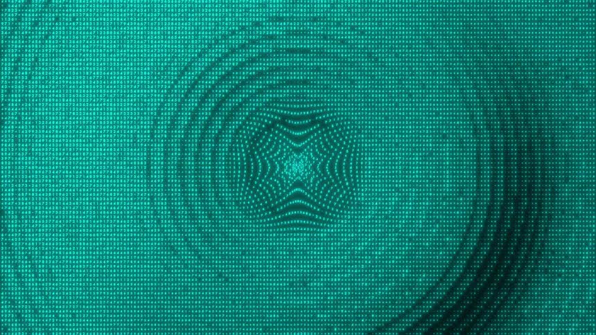 Luminous cyan dots form symmetrical architectural patterns that shift and morph against a dark backgroundthe digital structures expand and contract rhythmically resembling a pulsing circuit board or a futuristic data visualization