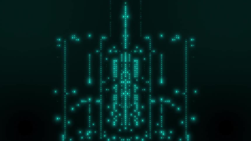 Symmetrical patterns of glowing blue particles shift and pulse forming a futuristic abstract visualization