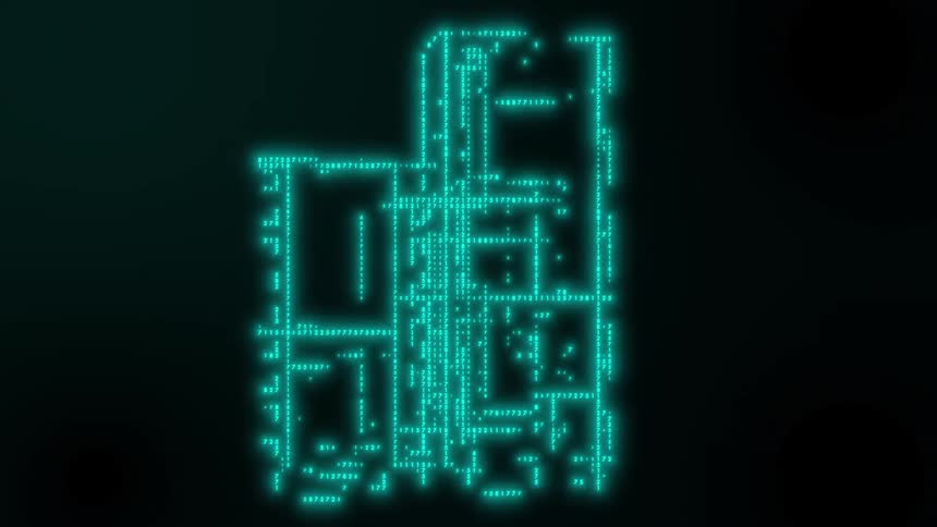A glowing blue hologram of a building constructed from flowing binary code constantly rotates and reconfigures itself in a dark digital space