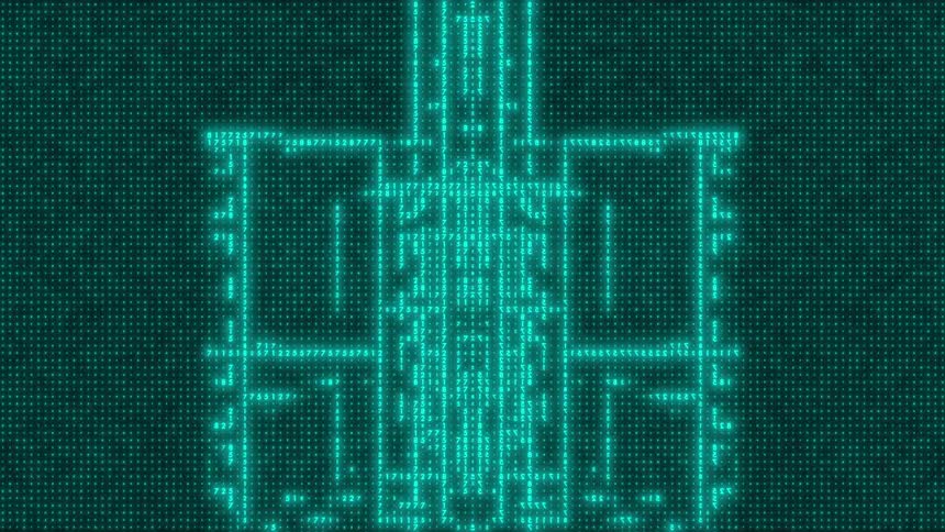 A digital display showing a blue animated diagram gradually shifting and forming a distinct shape