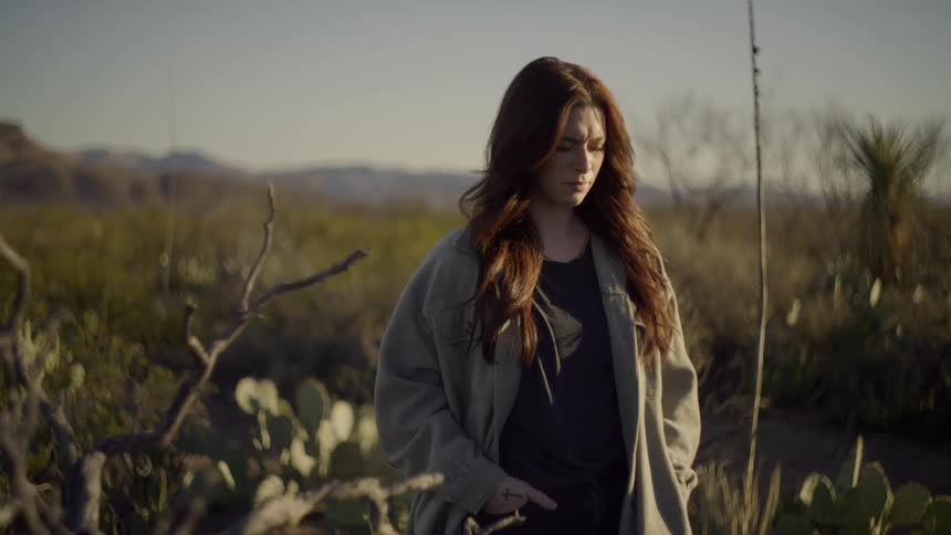A woman with long auburn hair stands in a desert landscape filled with cacti and scrub brush under a soft golden light she begins by looking downward with a contemplative expression before slowly lifting her gaze to look toward the horizon