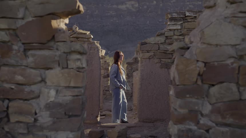 The woman is standing in the ruins by a mountain