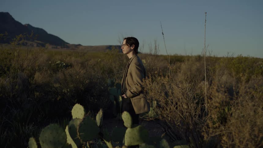 Young adult man wearing a coat and glasses standing next to some cactus plants with a field and hills on the background outdoors during dusk or dawn