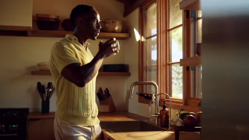 A young black man standing in his kitchen at midday holding a cup of coffee and taking a sip while gazing out the window