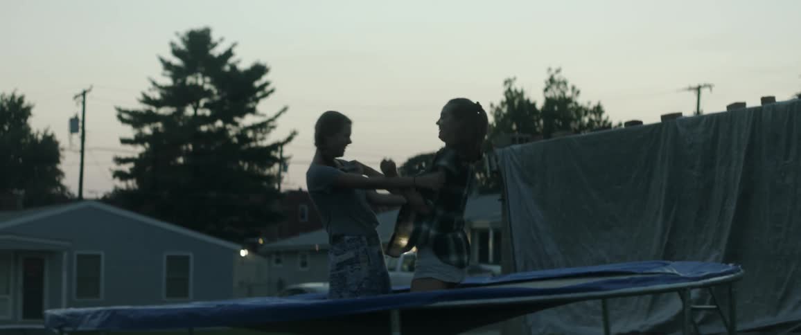 Two women playing on a large trampoline in a backyard at sunset