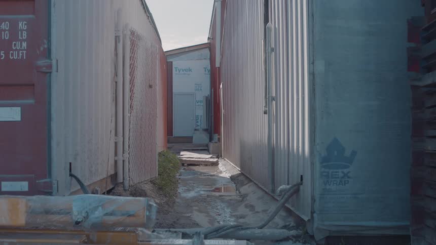 The warehouses have a small alley