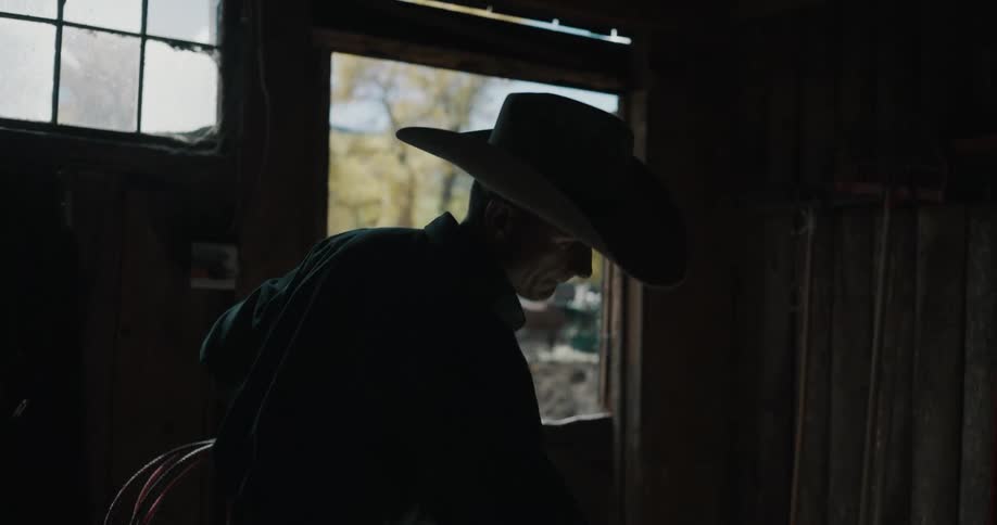 Cowboy silhouette indoors near a doorway with exterior light in the background