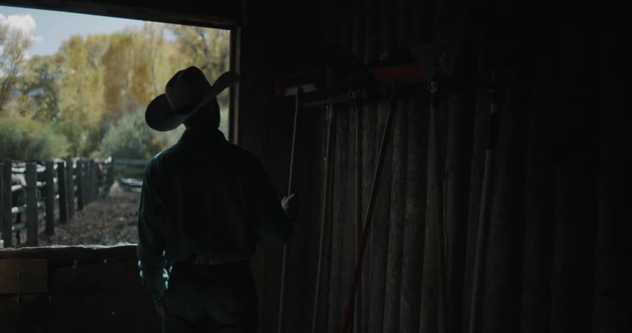 Person holds a lasso and looks outside from a stable entrance