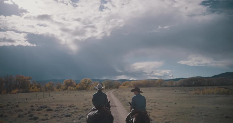 Two men sit on horses on a rural dirt road with trees in fall colors and mountains in the distance