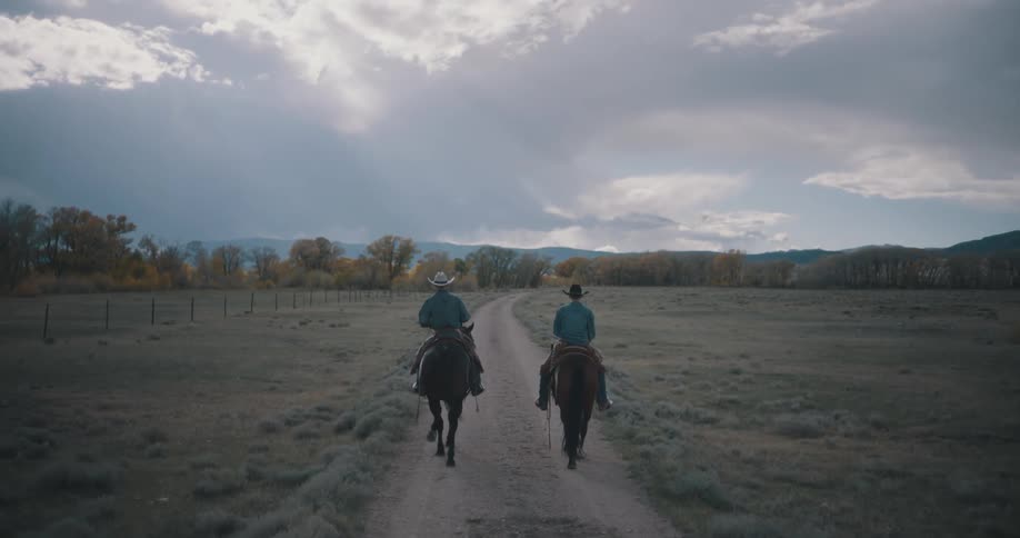 Two people riding their horses along a grassy path with fields on both sides under a cloudy sky