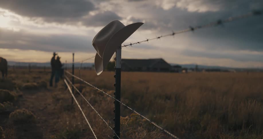 Cowboy hat hanging on a barbed wire fence as two people and a horse stand in the distance