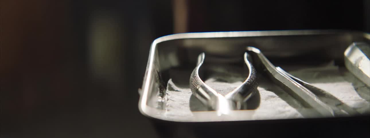 Metal tools rest on a tray under focused lighting