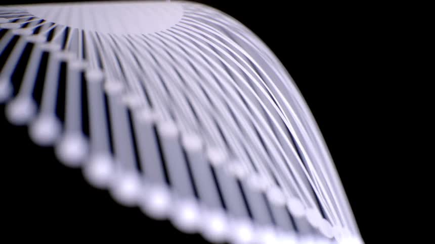 Closeup of glowing high contrast curved white lines in an abstract pattern on a black background