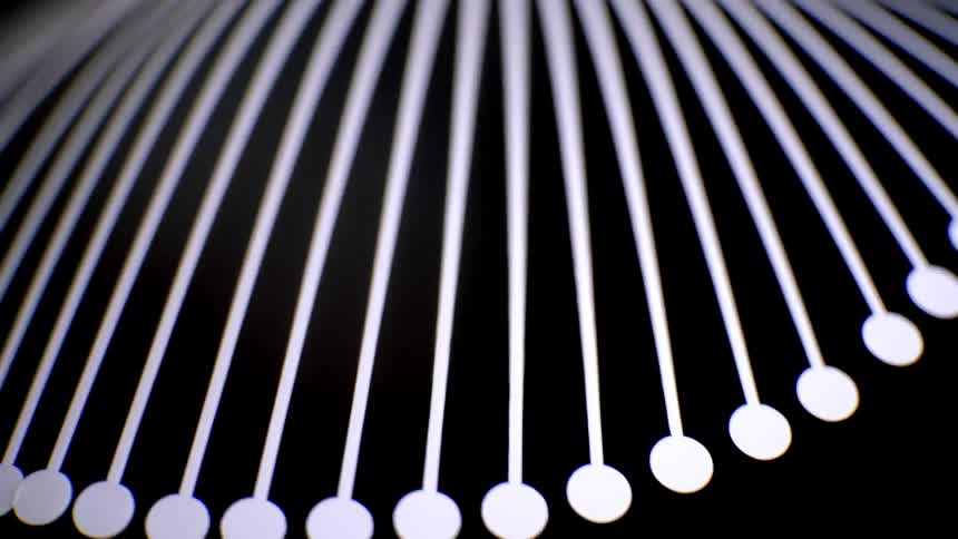 Abstract white circular elements hang on thin lines forming a curved pattern against black background