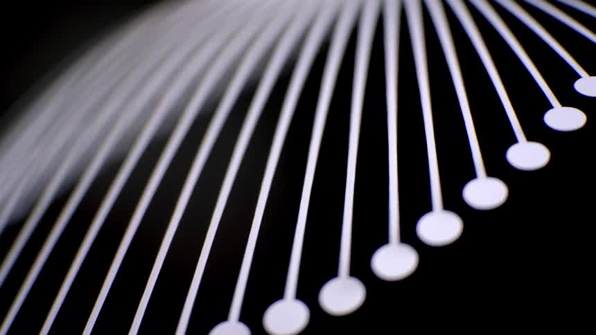 Curved luminous lines with circular points create an abstract pattern against a dark background