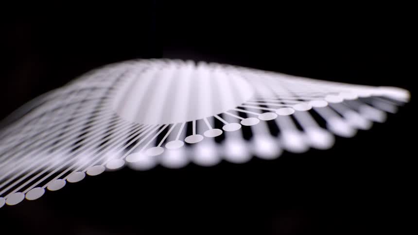 Bright arched lines with circular points form an abstract surface suspended against a dark background