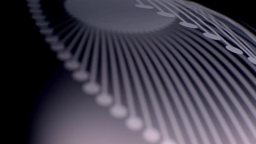 A stylized 3d animation shows white geometric lines and dots forming a spiral structure that rotates against a dark minimalist background with a subtle purple glow at the bottom