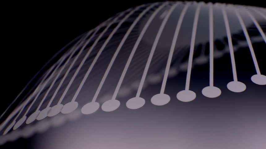 A minimalist 3d animation features a series of white lines with circular tips moving in a rhythmic wavelike pattern across a dark curved surface to create a rotating spherical structure with a shallow depth of field