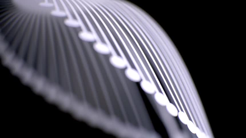 These thin white lines span across the frame acting as the structural ribs of a rotating dome or sphere these are formed by a sequence of small circular white discs attached to the end of each rib creating a segmented line that defines the edge of th