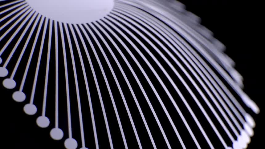 An abstract white circular pattern of radiating lines and dots rotates and shifts against a black background the camera angle moves to reveal the patterns threedimensional curved structure as it floats in the dark space