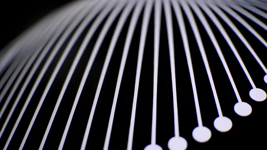 A series of glowing white vertical lines curves across a dark background each ending in a small circular point the composition creates a sense of rhythmic symmetry and depth as the lines arch toward the top of the frame
