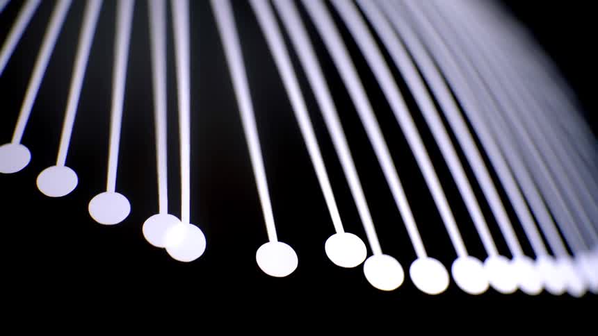 Parallel lines curve and end in bright circular points against a dark background
