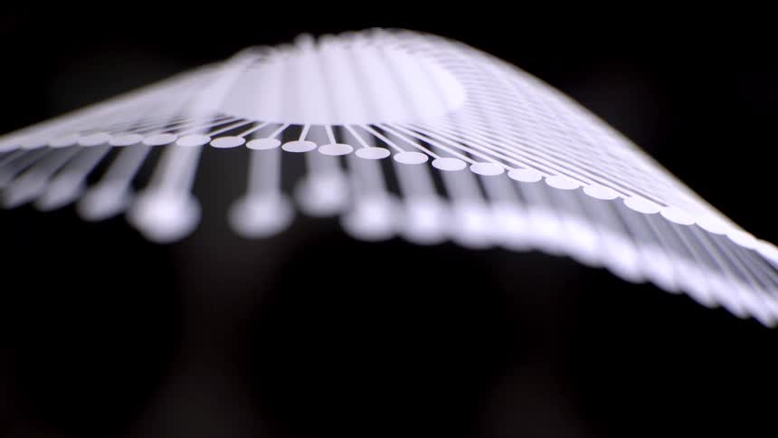 This video features a white abstract geometric structure composed of repeating circular nodes and thin lines against a dark background the camera moves in a slow sweeping motion creating a sense of depth and fluid perspective as the pattern shifts