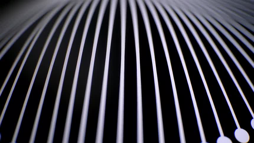 Curved parallel lines with circular points form a geometric pattern against a dark background