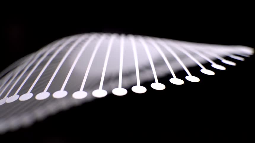 A series of white circular nodes connected by thin lines flow in a rhythmic wavelike motion against a pitchblack background creating an abstract and fluid geometric animation