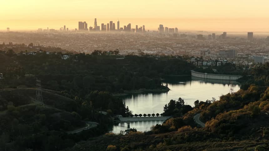 Metropolitan area next to a river surrounded by trees outdoors during dusk or dawn