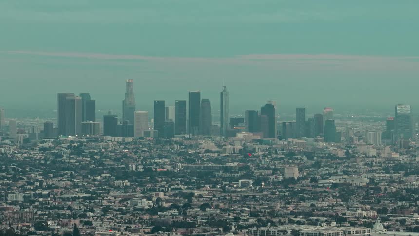Light haze covers the skyline of skyscrapers