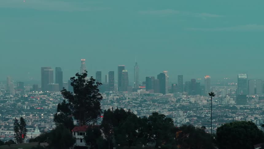 City glowing at dusk with skyscrapers in background and tall trees in foreground
