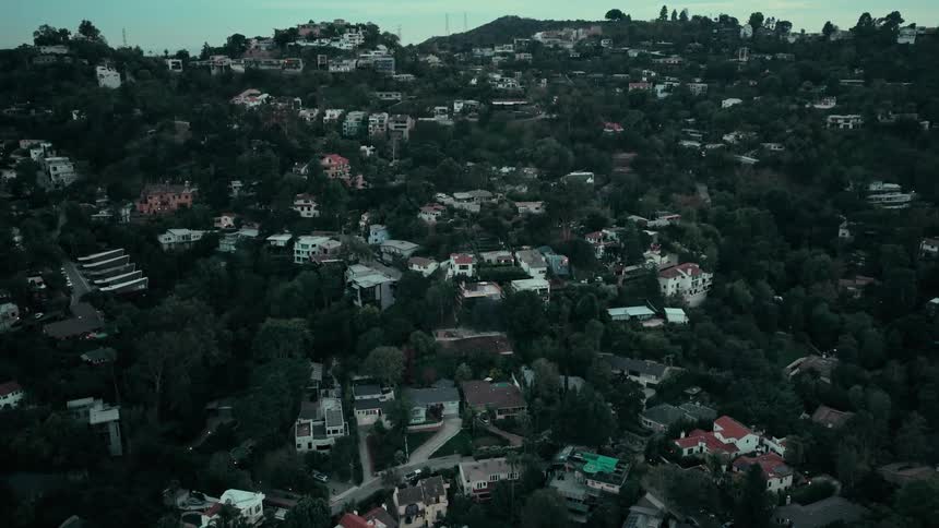Homes among trees on elevated slope with winding roads connecting the neighborhood