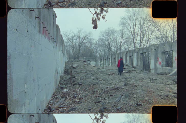 A woman wearing a vibrant red scarf walks through the center of a large roofless abandoned building filled with grey stone debris and surrounded by bare trees under a gloomy sky