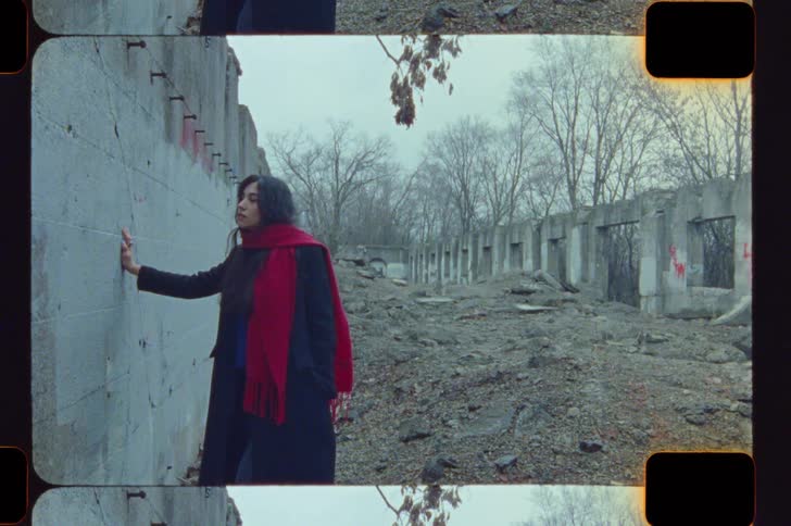 Person standing among ruins wearing dark coat with red detail