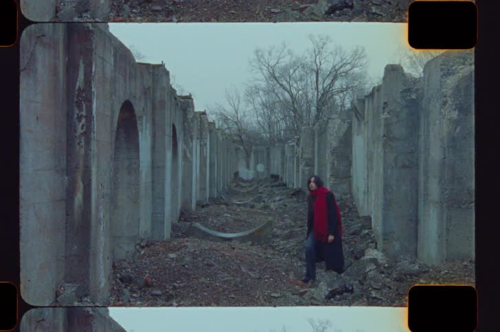 Person with red scarf touching wall while walking through abandoned structure with concrete arches