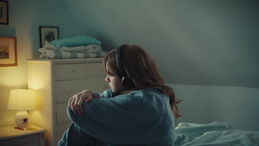 Person sitting on bed with blue hoodie and large headphones in soft introspective setting