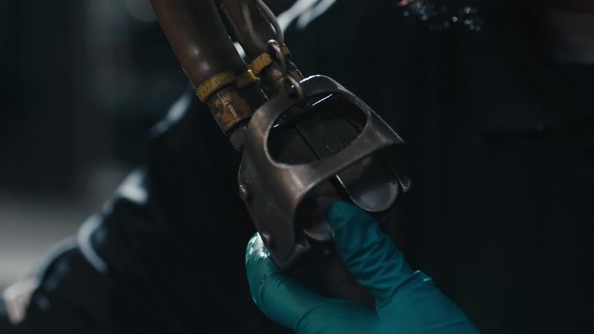A person wearing blue nitrile gloves carefully inspects and adjusts a heavyduty metal coupling attached to thick industrial hoses in a dimly lit environment
