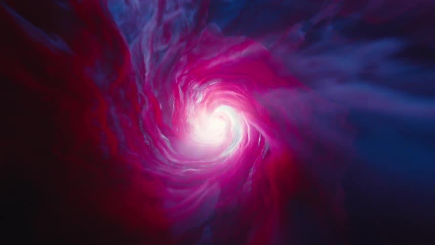 A swirling vortex of red and blue cosmic gases that spiral toward a bright white light at the center of a tunnel