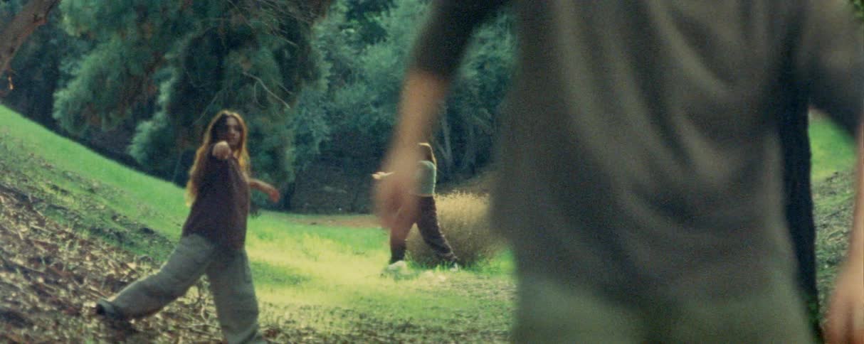 Two woman and a man perform synchronized and expressive contemporary dance movements on a grassy hillside within a wooded park during the daytime