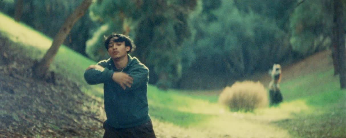 A young man in a hoodie performs expressive dance movements on a grassy hillside in a park while a woman also dances in the background