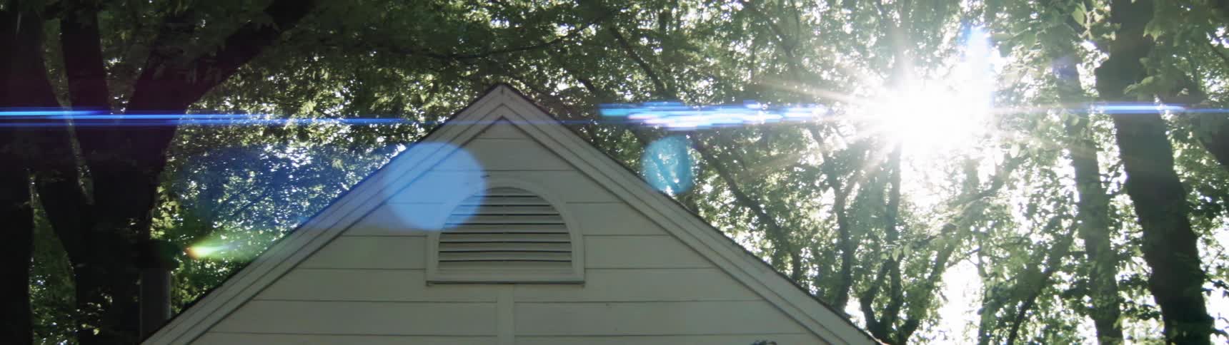 Sun shining through trees behind the roof of a house