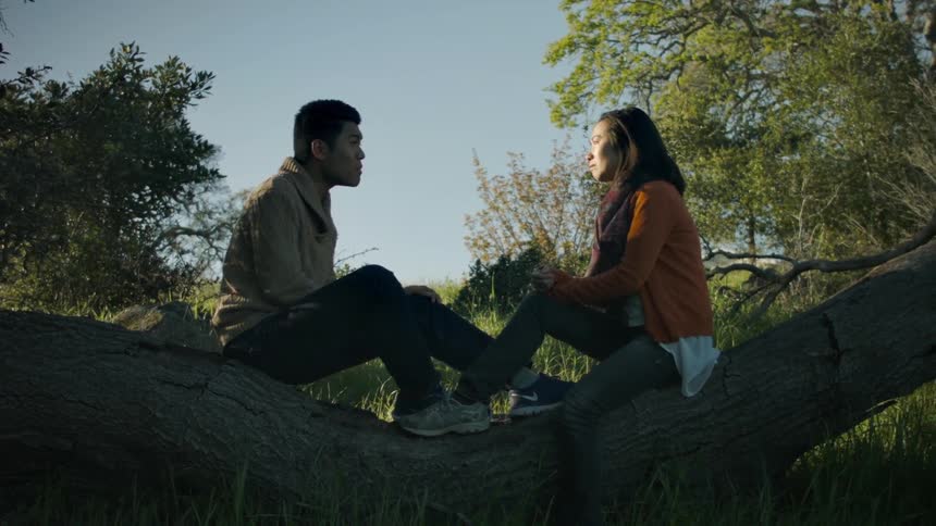 A man and a woman sitting on a tree log and discussing something intensely