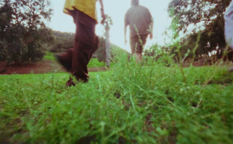 A low view through green grass captures the legs of a group of friends walking past the camera towards a hill with trees