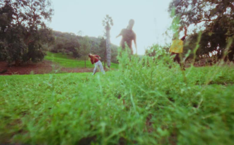 People perform dance movements in a grassy area surrounded by trees during daylight