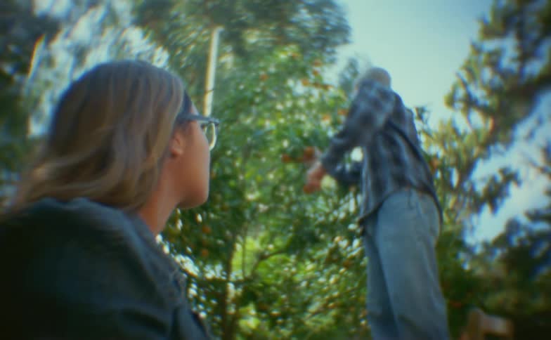 A man and woman with fruit trees