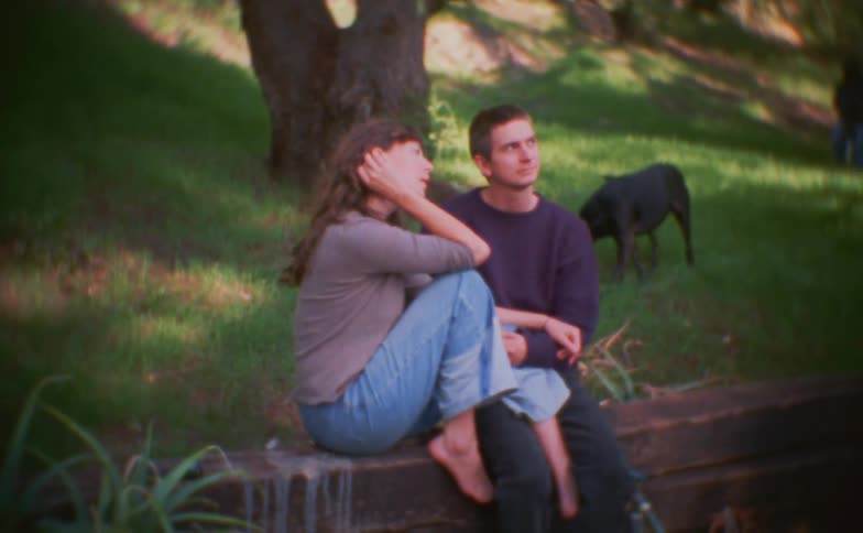 The dog walks up to the couple and is petted