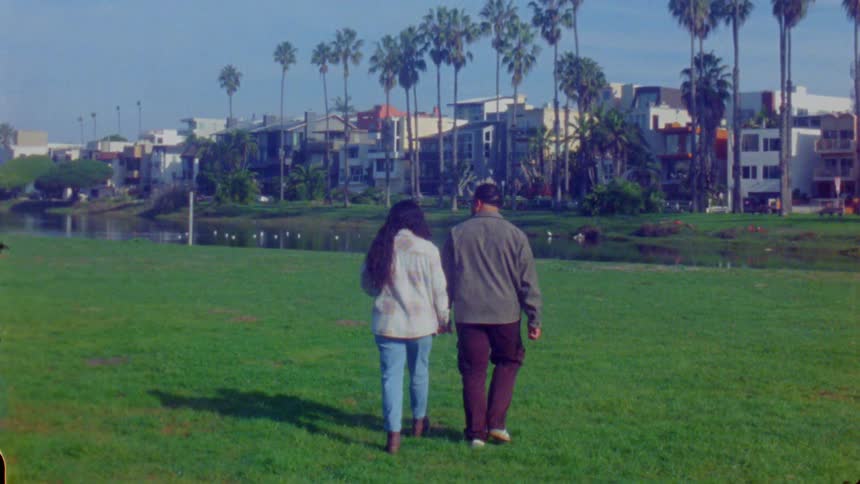 Couple holding hands walking across grassy field toward water with modern buildings in the background
