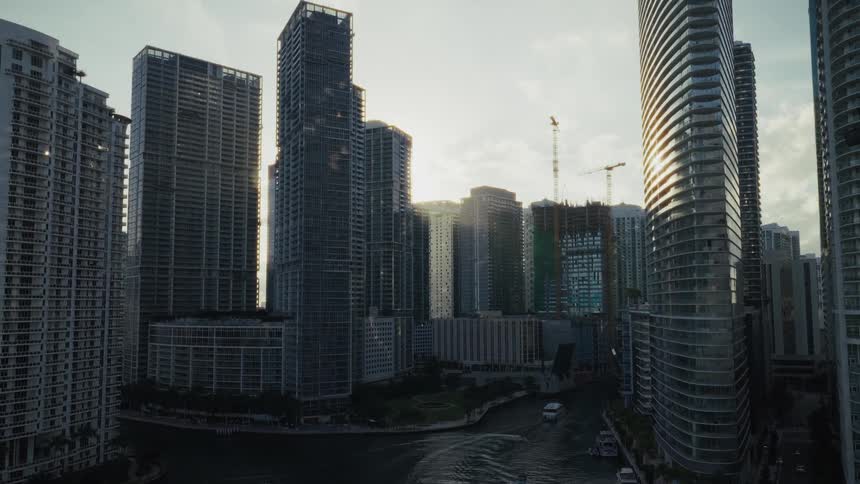 Aerial footage of high-rise condominiums of Downtown Miami Florida