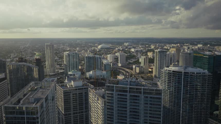 Drone flying over skyscrapers in Downtown Miami